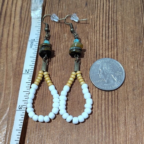 Yellow and White Ladies Dangle Earrings, Handmade Ladies Earrings - Picture 2 of 3
